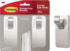 Command 10 lb Satin Nickel Curtain Rod Hooks, 2 Hooks and 4 Strips, No Drilling Back to School Dorm Organizers, Use with Rod Diameters 0.5-0.75"