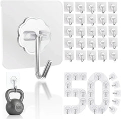 DDMY Hooks for Hanging, 50 Pack Wall Hooks 50lb(Max) Transparent Reusable Waterproof Adhesive Hook for Kitchen Curtain, Towel Hook for Bathrooms, Heavy Duty Self Coat Hook for Walls No Damage