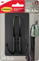 Command X-Large Matte Black Triple Hook, 1 Hook, 3 Strips, Damage-Free Hanging with Adhesive Strips, No Tools Wall Hook for Hanging Decorations in Living Spaces