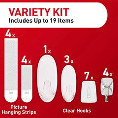 Command Clear Variety Pack, Including 8 Pairs of Picture Hangers, 4 Clear Wire Hooks and 11 Wall Hook for Hanging Back to School Dorm Organizers, Damage-Free Hanging Up to 19 Items