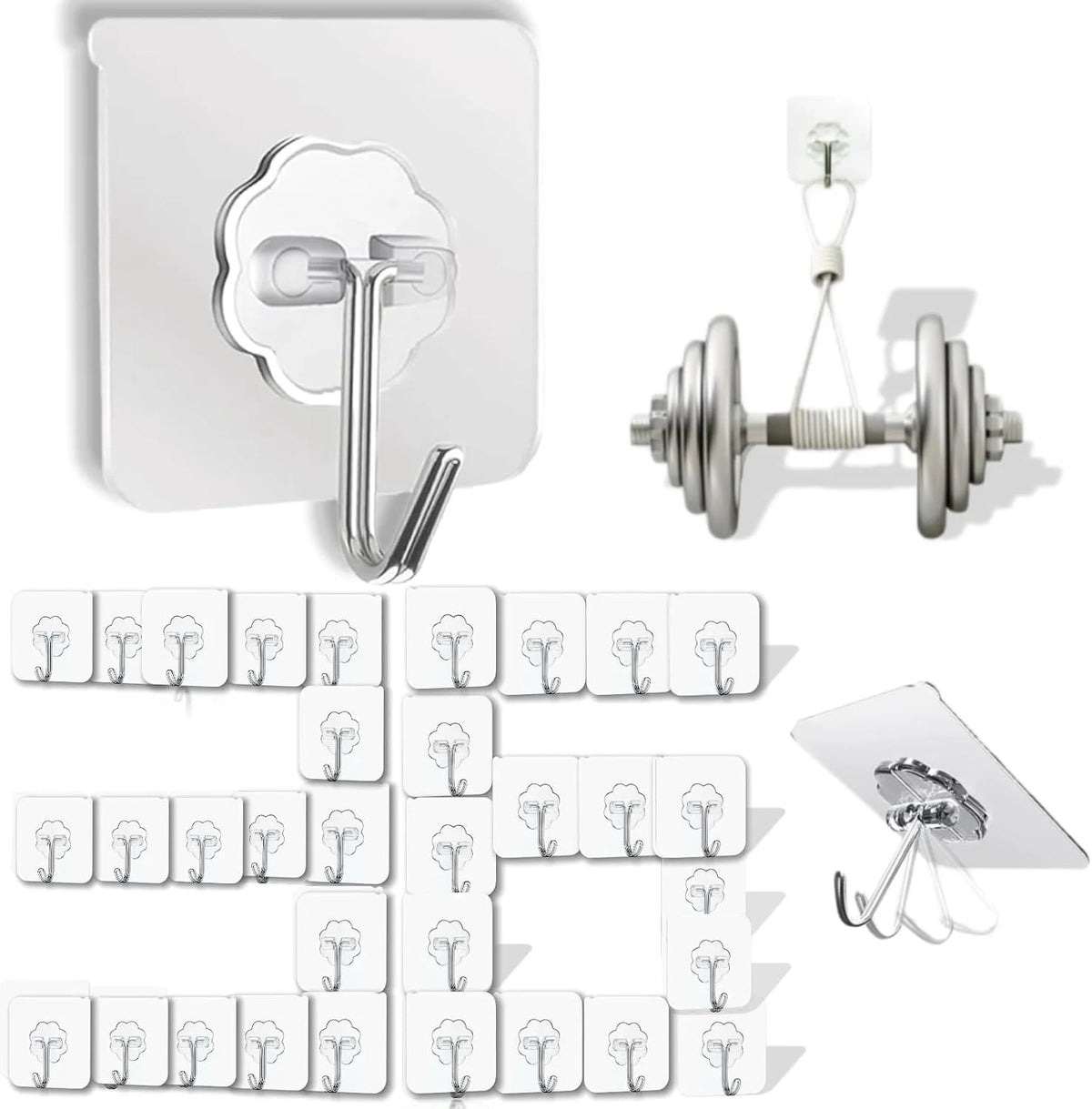 DDMY 36 Pack Heavy Duty Hooks Self Adhesive Large Hooks for Hanging,Wall Transparent Reusable Waterproof Hook for Kitchen Curtain Towel Hook for Bathrooms Coat Hook for Walls No Damage