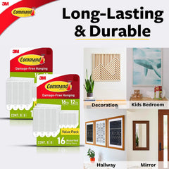Command Medium and Large Picture Hanging Strips, Damage Free Hanging Picture Hangers, No Tools Wall Hanging Strips for Living Spaces, White, 16 Medium Pairs and 16 Large Pairs (64 Total)