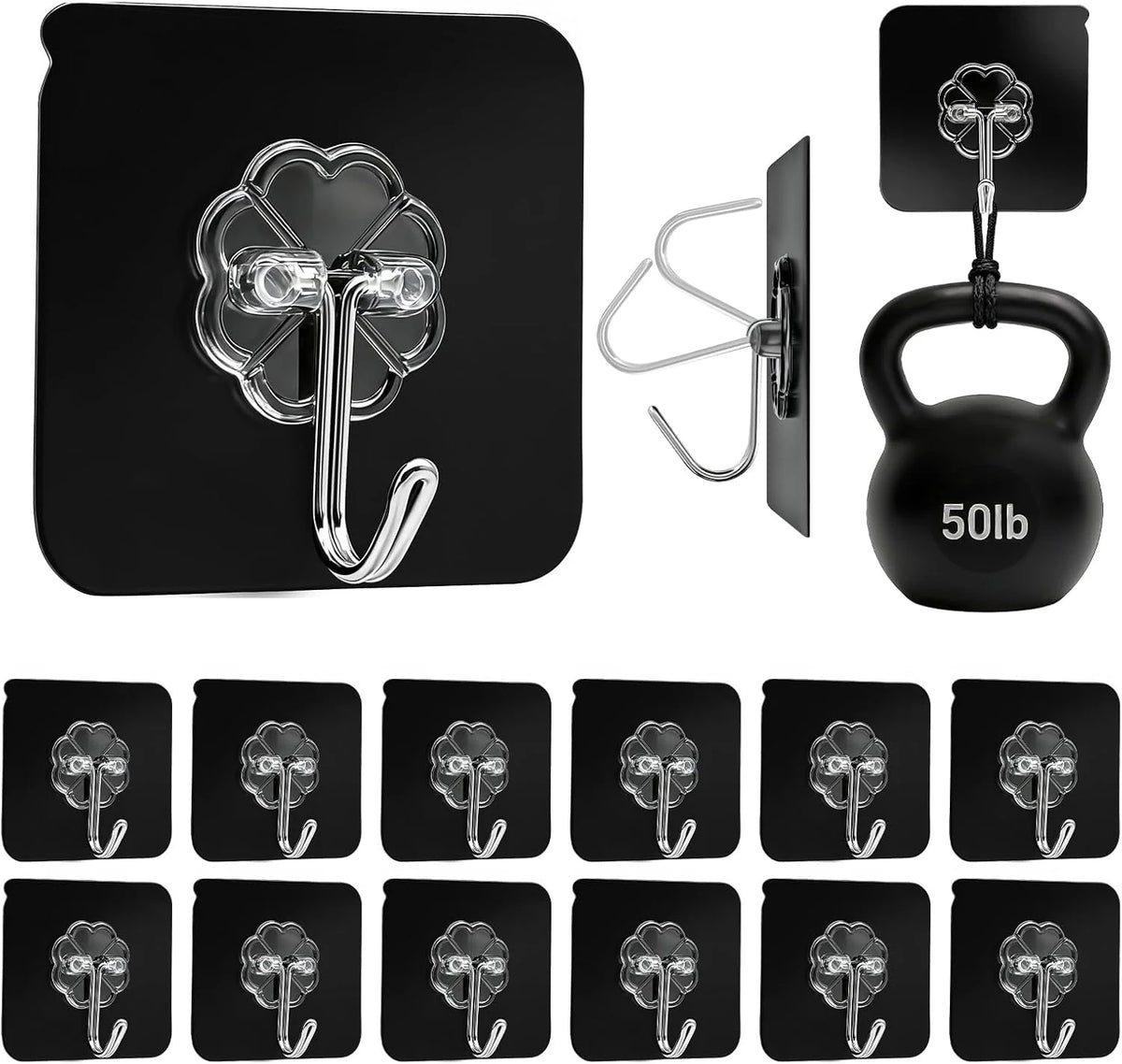 DDMY Black Heavy Duty Adhesive Hooks 2026 Upgraded 50lbs（Max） Sticky Wall Hooks for Hanging 12 Pack No Damage Hook Strong Waterproof Bathroom, Kitchen, Shower,Ceiling, Office and Outside Decor Hanger