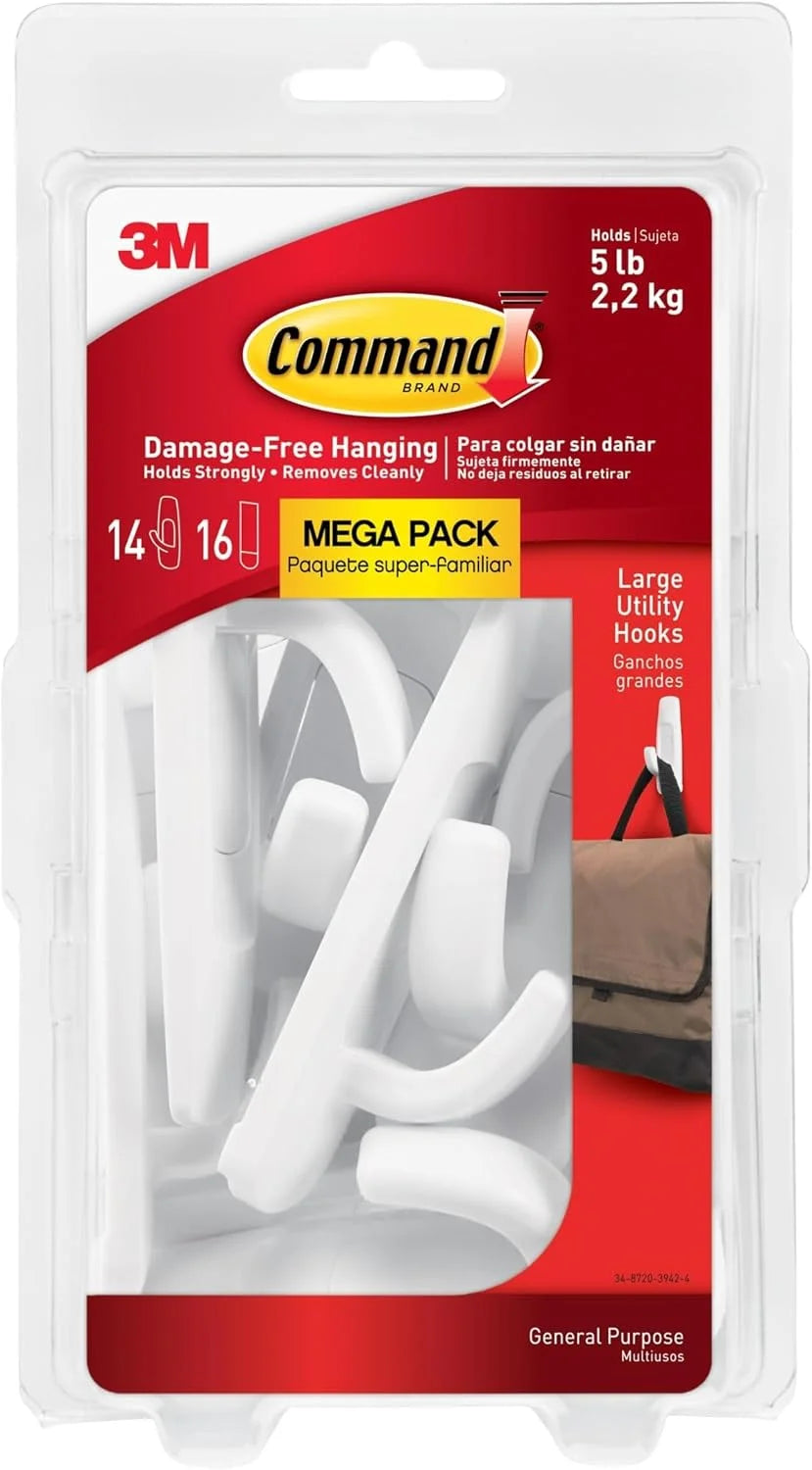 Command 5 lb Large Utility Hooks, 14 Hooks and 16 Strips, Damage-Free Hanging Wall Hook with Adhesive Strips, No Tools Required, Great for Home Kitchen Office Organization (Pack of 12)