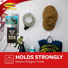 Command Medium Designer Hooks, 2 Hooks and 4 Strips, Damage-Free Hanging Wall Hook with Adhesive Strips, Adhesive Hooks for Hanging Back to School Dorm Organizers, Holds up to 3 lb