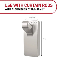 Command 10 lb Satin Nickel Curtain Rod Hooks, 2 Hooks and 4 Strips, No Drilling Back to School Dorm Organizers, Use with Rod Diameters 0.5-0.75"