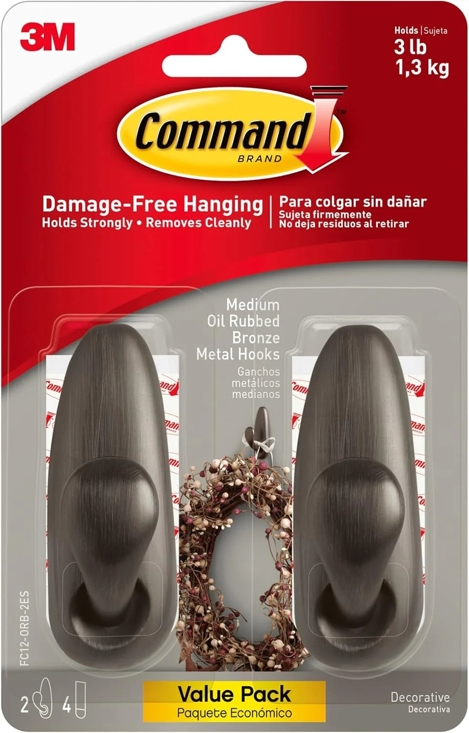 Command Forever Classic Medium Metal Wall Hook, Damage-Free Hanging Wall Hook with Adhesive Strips, Wall Hook for Hanging Back to School Dorm Organizers, 2 Metal Hooks and 4 Strips