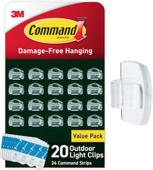 Command Damage Free Hanging Light Clips with Adhesive Strips, No Tools Mini Wall Hooks for Hanging Decorations in Living Spaces, 20 Clips, 24 Strips