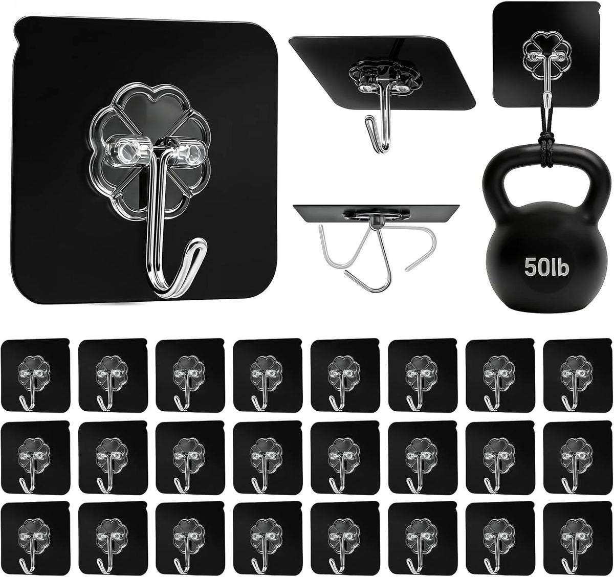 DDMY Adhesive Hooks for Hanging Heavy Duty 2026 Upgraded Black 24 Pack Sticky Wall Hooks 50lbs(Max) Reusable No Damage Hook Super Strong Waterproof for Bathroom, Kitchen, Home, Office and Outdoor