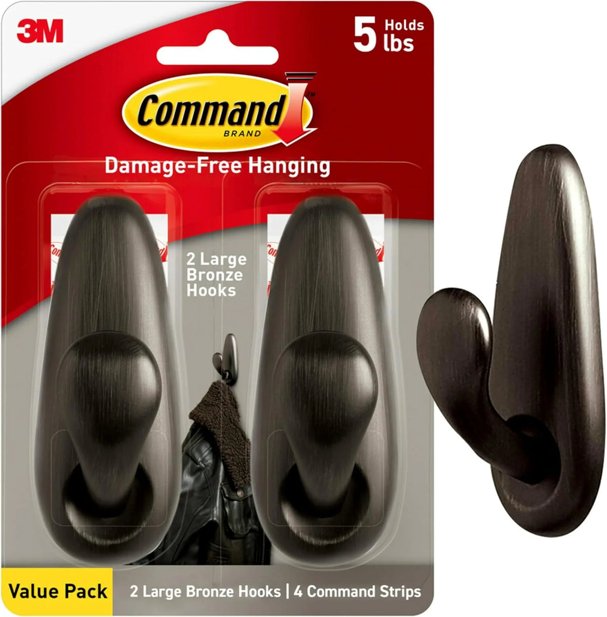 Command 5 lb Large Oil Rubbed Bronze Metal Hooks, 2 Coat Hooks and 4 Strips, Damage-Free Hanging with Adhesive, Forever Classic Great for Hanging Back to School Dorm Organizers