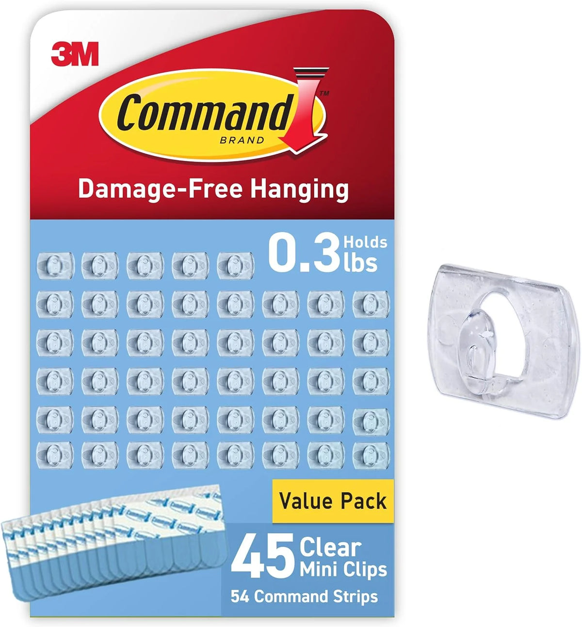 Command Clear Indoor Mini Light Clips Value Pack, 45 Clips, 54 Strips, Damage-Free String Light Hangers for Home, Room, Wall, Office, and Dorm Decor, Great for Cable Management, Holds up to 0.3 lb
