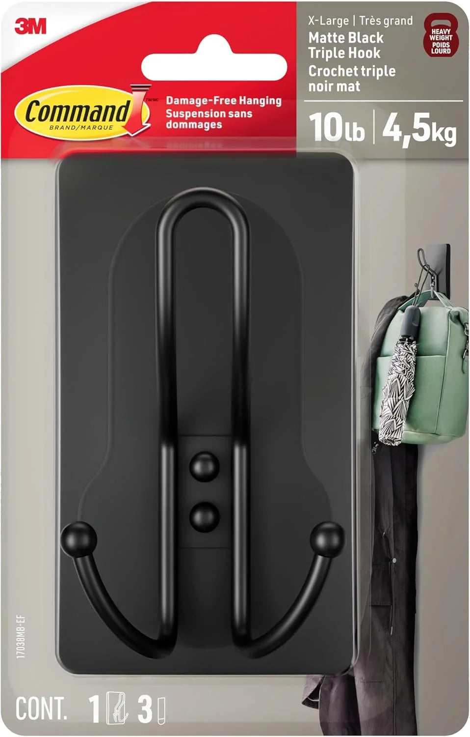 Command X-Large Matte Black Triple Hook, 1-Hook, 3 Strips, Damage-Free Hanging with Adhesive Strips, No Tools Wall Hook for Hanging Decorations in Living Spaces (Pack of 8)