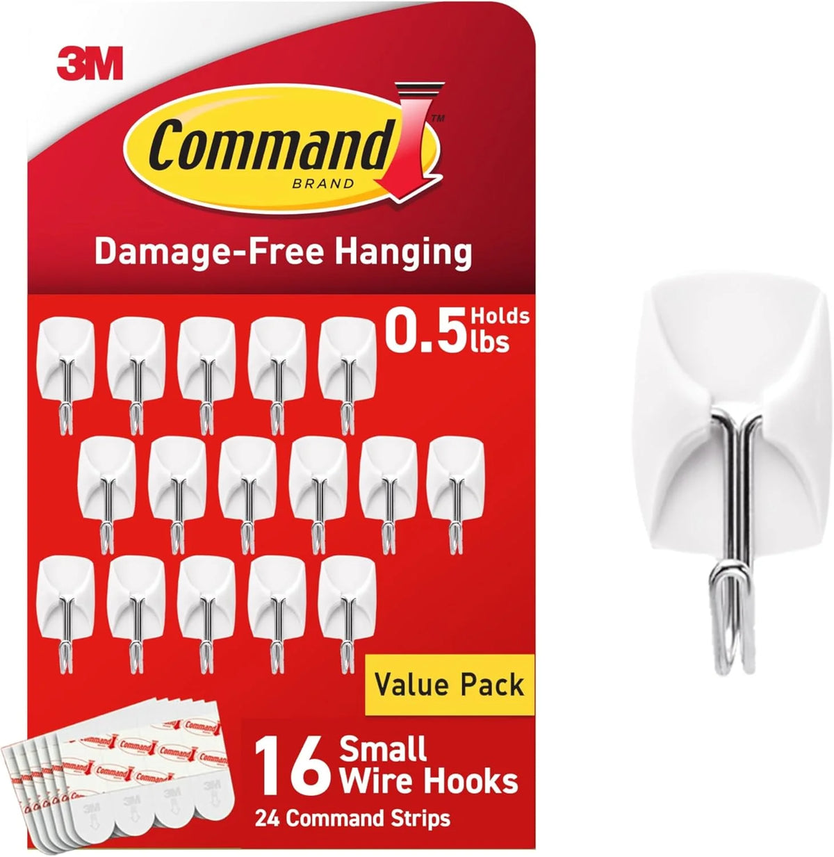 Command Small Wire Toggle Hooks, 16 Hooks and 24 Strips, Damage-Free Hanging Wall Hook with Adhesive, No Tools Required, Great for Home, Kitchen, and Office Organization, Holds up to 0.5 lb