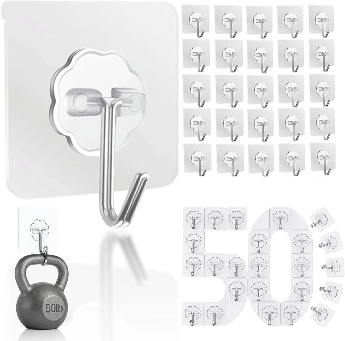 DDMY Hooks for Hanging, 50 Pack Wall Hooks 50lb(Max) Transparent Reusable Waterproof Adhesive Hook for Kitchen Curtain, Towel Hook for Bathrooms, Heavy Duty Self Coat Hook for Walls No Damage