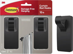 Command 10 lb Matte Black Curtain Rod Hooks, 2 Hooks and 4 Strips, No Drilling Back to School Dorm Organizers, Use with Rod Diameters 0.5-0.75" | 10 lb