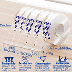 ZMUAXUAN Nano Tape Adhesive Reusable,Double Sided Mounting Tape Heavy Duty Removable,Picture Hanging Strips Poster Putty,Clear Thick Gel Sticky Tack Wall Glue for Hangers,Photo(9.85 FT-5 Pack)