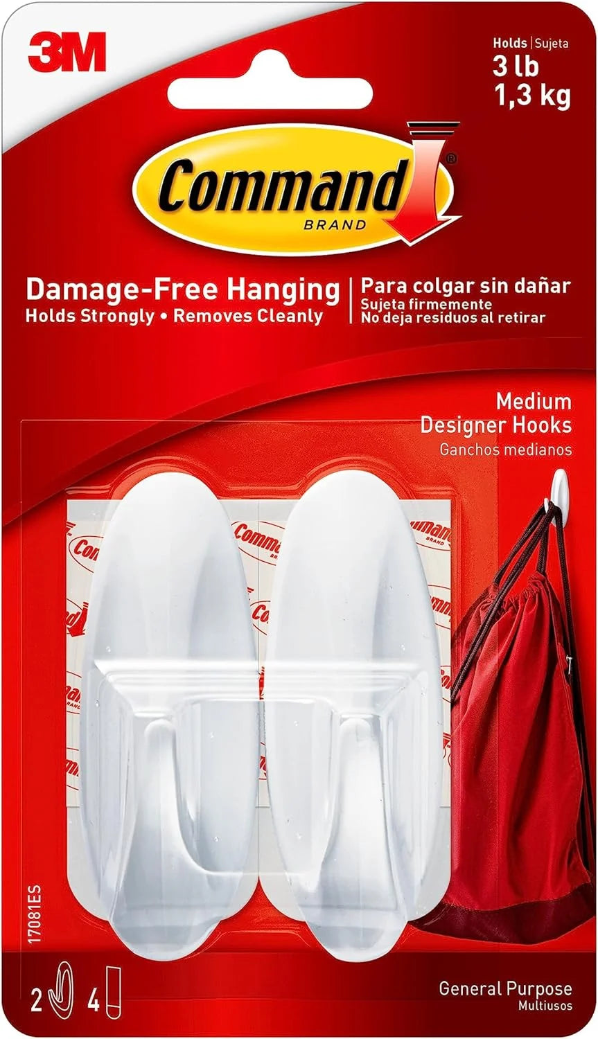Command Medium Designer Hooks, 2 Hooks and 4 Strips, Damage-Free Hanging Wall Hook with Adhesive Strips, Adhesive Hooks for Hanging Back to School Dorm Organizers, Holds up to 3 lb