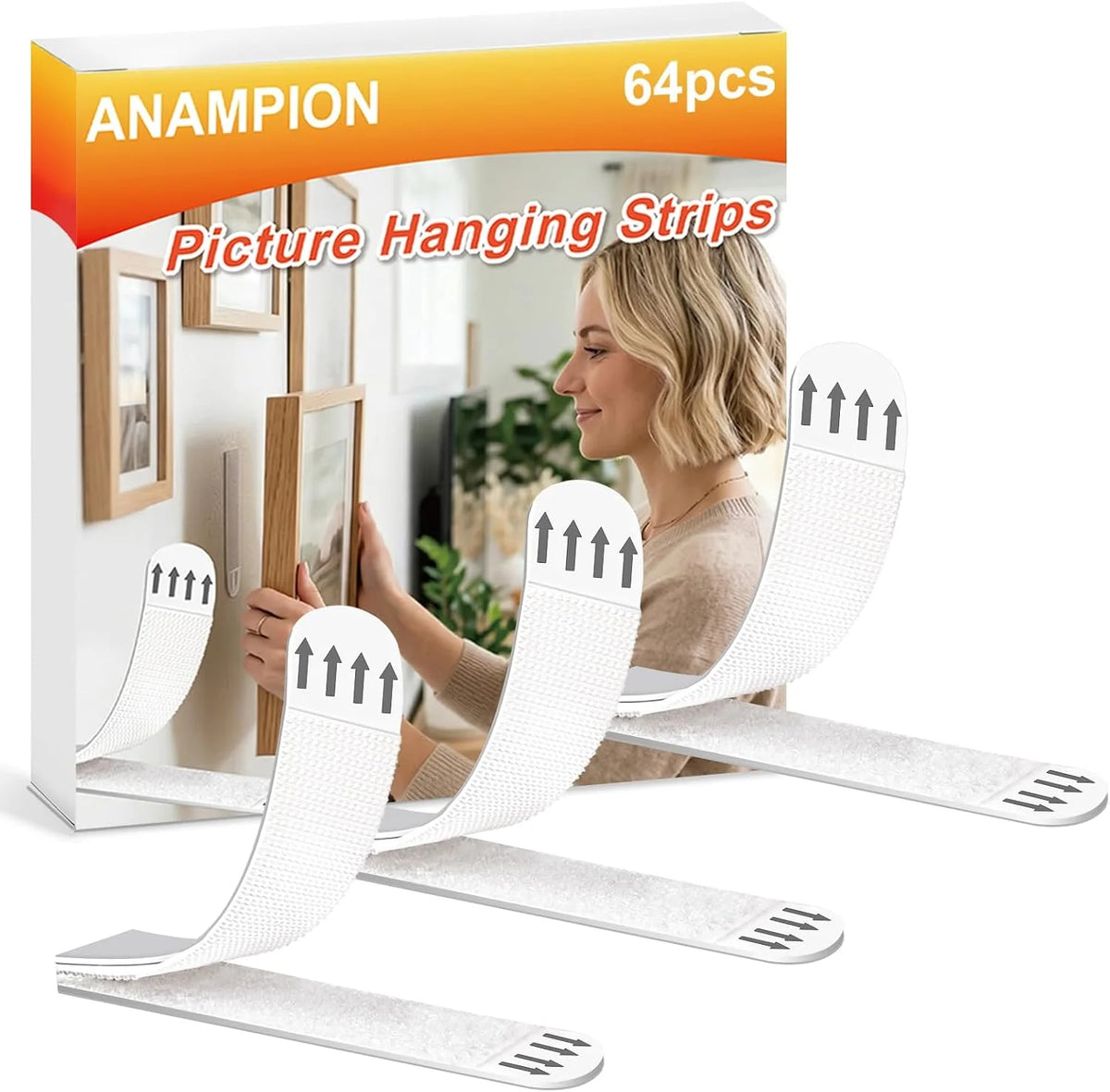 Large Picture Hanging Strips Heavy Duty, 32 Pairs(64 Strips) Adhesive Wall Hooks for Frames and Posters,No Tools Removable Adhesive Refill Strips Damage Free,Residue Free.