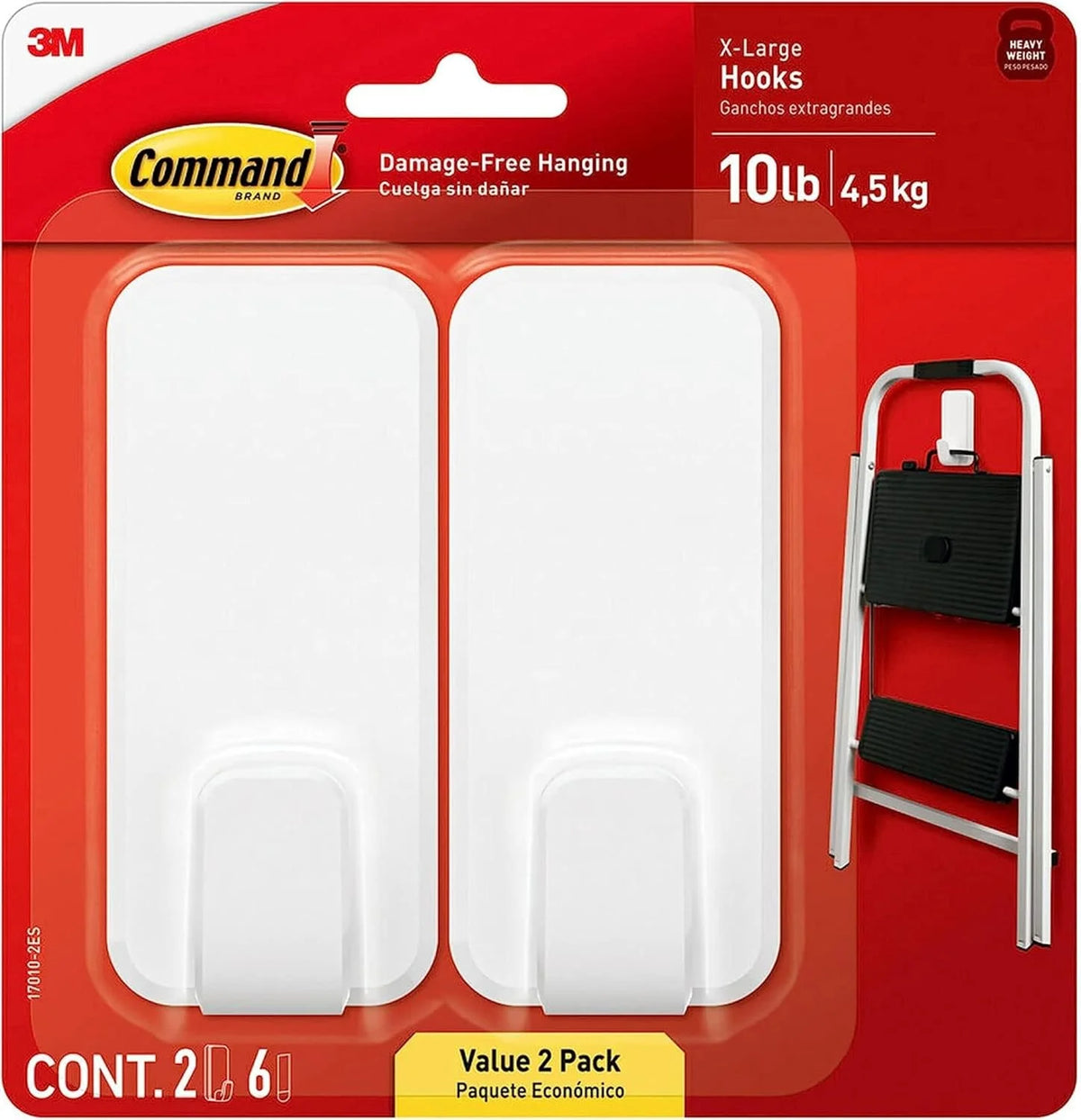 Command 10 lb XL Heavyweight Hook, 2 Wall Hooks and 6 Strips, Damage-Free Hanging with Adhesive, Heavy Duty Hanging Great for Back to School Dorm Organizers