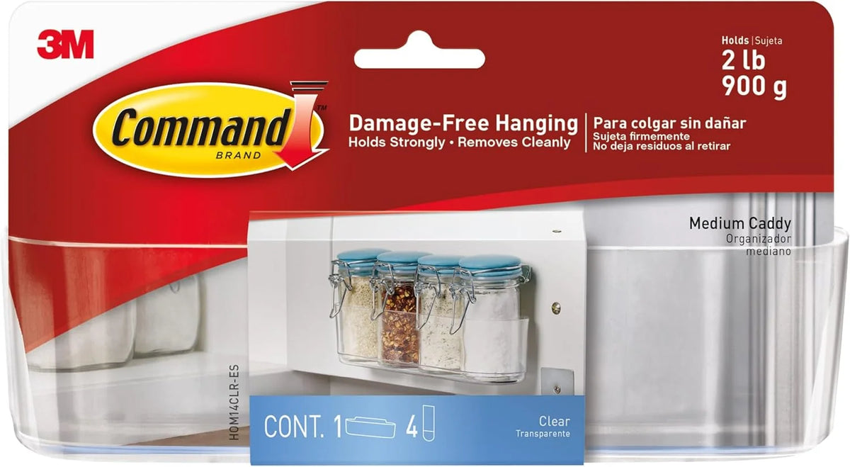 Command Medium Caddy, Holds up to 2 lb, 7.5" x 2.1" x 2.1", 1 Caddy with 4 Strips, Damage-Free Organization Wall Mount to Cabinet, Kitchen, Pantry, Closet, or Under Sink
