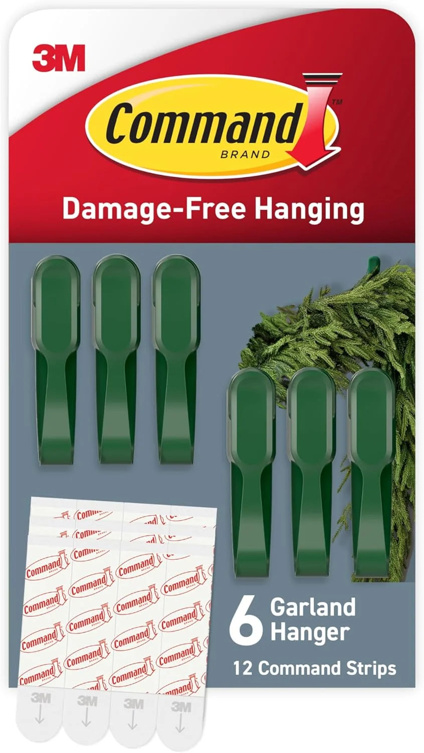 Command Fireplace Mantle Garland Holder for Displaying Garlands, Wreaths, and Holiday Decor Without Leaving Damage, Holes, or Residue, Holds 2lbs, Green, 6 Pack